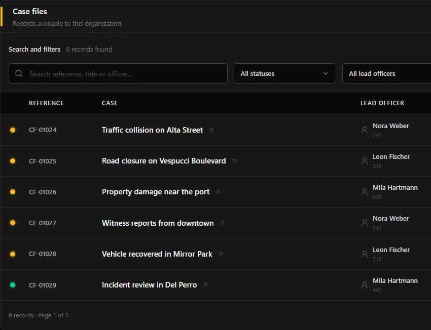 GovSync case file list with search, filters, and case records.