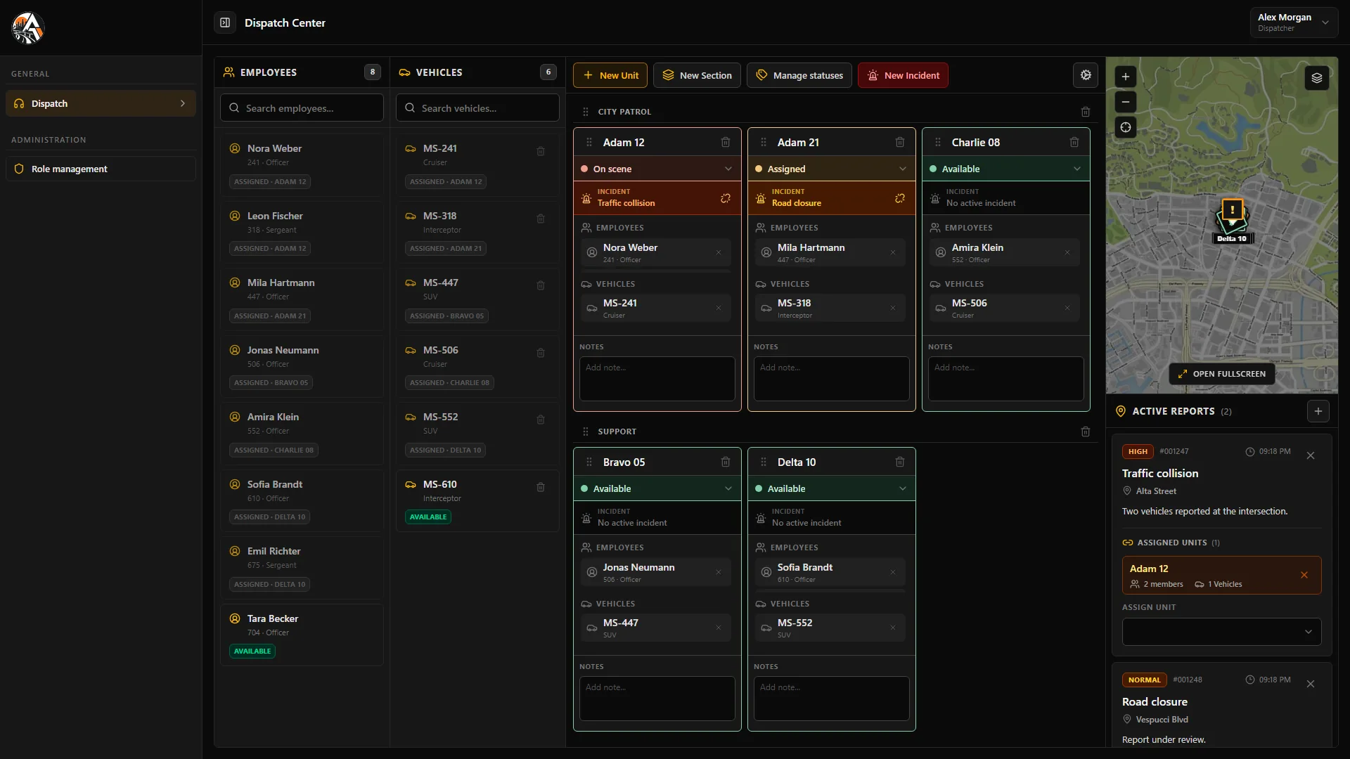 Screenshot of GovSync Dispatch with people, vehicles, units, a map, and incidents.