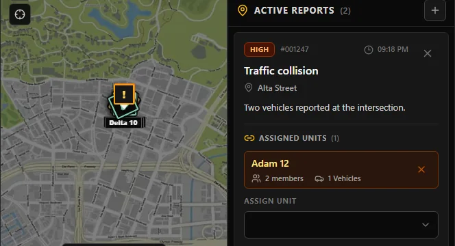 Screenshots of the Dispatch map and an active incident.