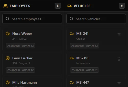 Screenshot of the people and vehicle lists in Dispatch.