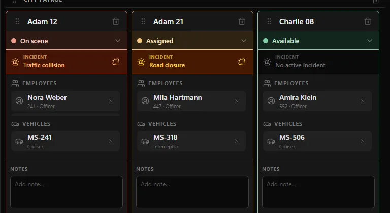 Screenshot of unit cards in GovSync Dispatch.